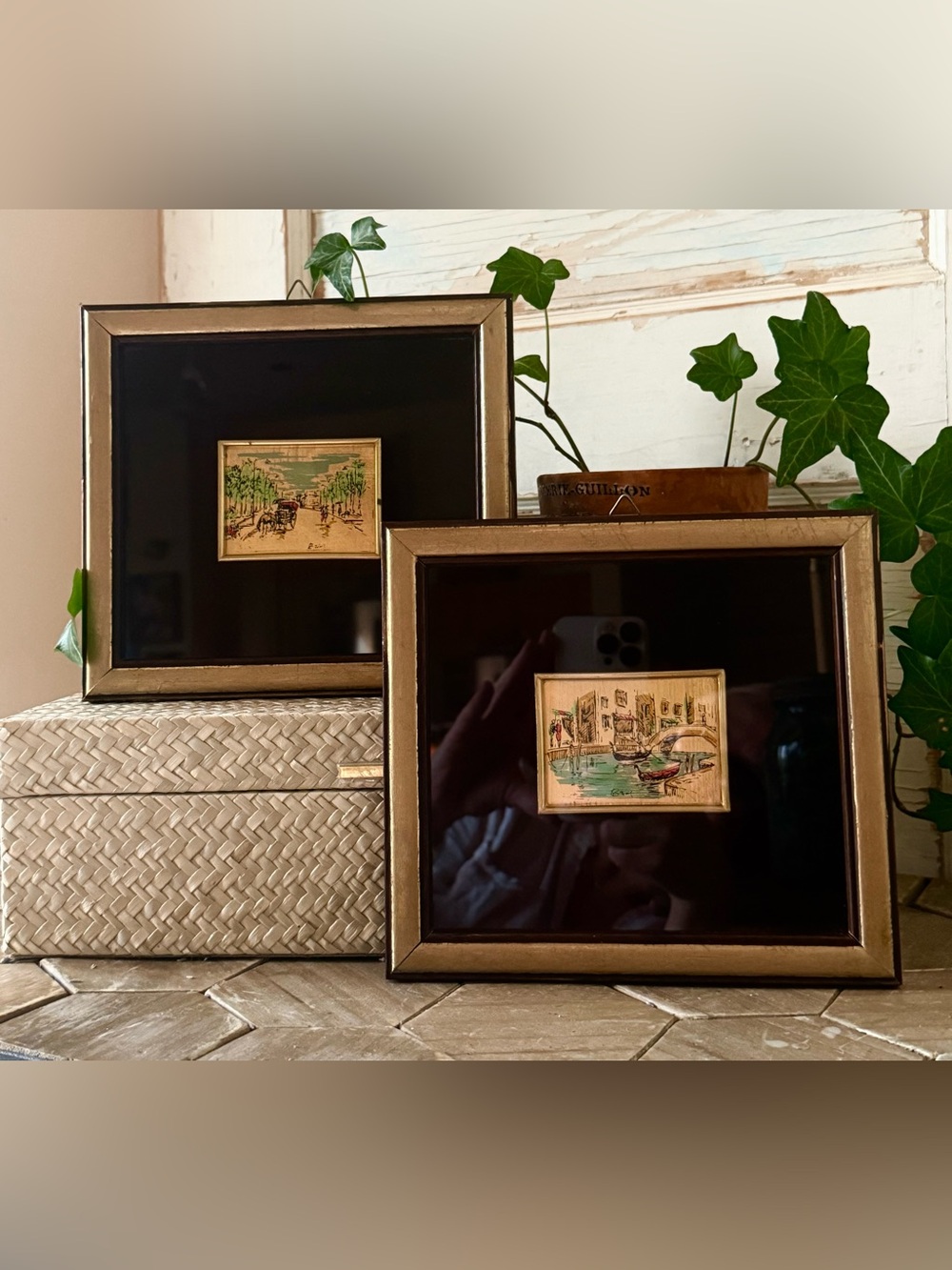 Vintage Italian, Set/2, Chromolithograph Gold Leaf Paintings, Signed Artwork